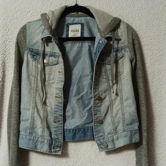 Mudd Size Small Hooded Jean Jacket with Knit Sleeves Button Up with Pockets - Picture 9 of 9
